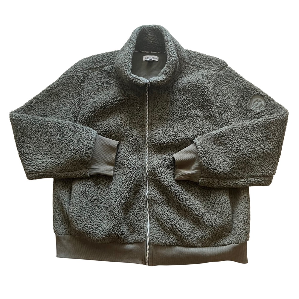 Calvin Klein Mens XL Olive Green Teddy Fleece Full Zip Jacket Mock Neck CK Logo